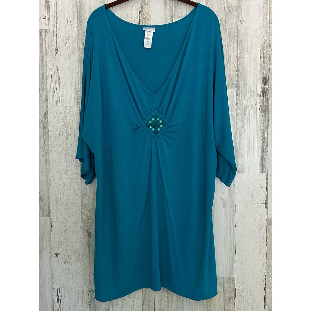 Dotti Womens‎ Shirt Tunic Turquoise Blue Size 1X Bead Embellishment Stretchy